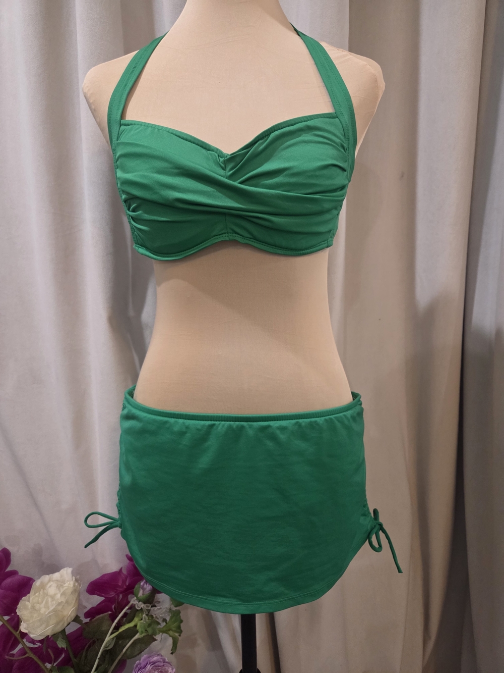Bisou Bisou Green Halter Tankini with Skirted Bottom